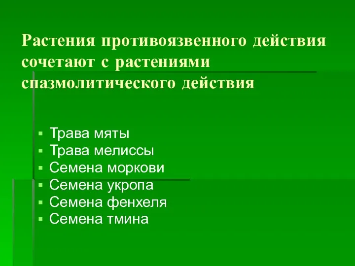 Растения противоязвенного действия сочетают с растениями спазмолитического действия Трава мяты