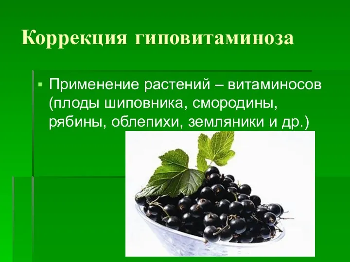 Коррекция гиповитаминоза Применение растений – витаминосов (плоды шиповника, смородины, рябины, облепихи, земляники и др.)