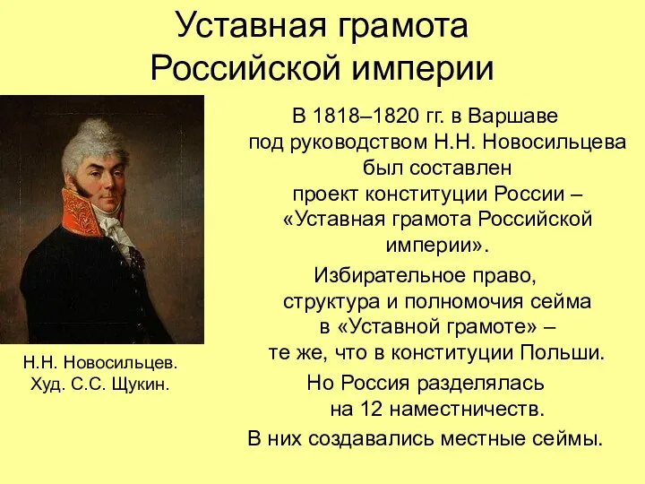 Уставная грамота Российской империи В 1818–1820 гг. в Варшаве под руководством Н.Н. Новосильцева