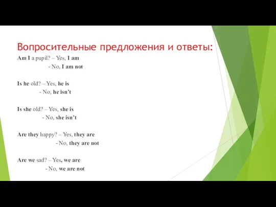 Вопросительные предложения и ответы: Am I a pupil? – Yes,