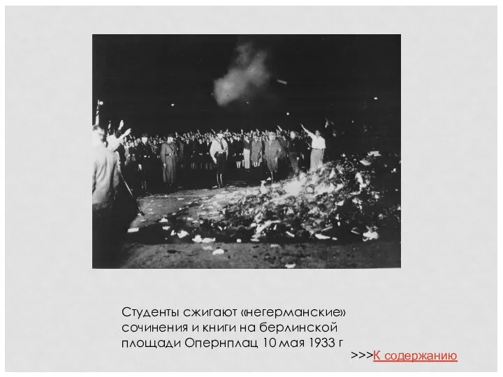 Студенты сжигают «негерманские» сочинения и книги на берлинской площади Опернплац 10 мая 1933 г >>>К содержанию