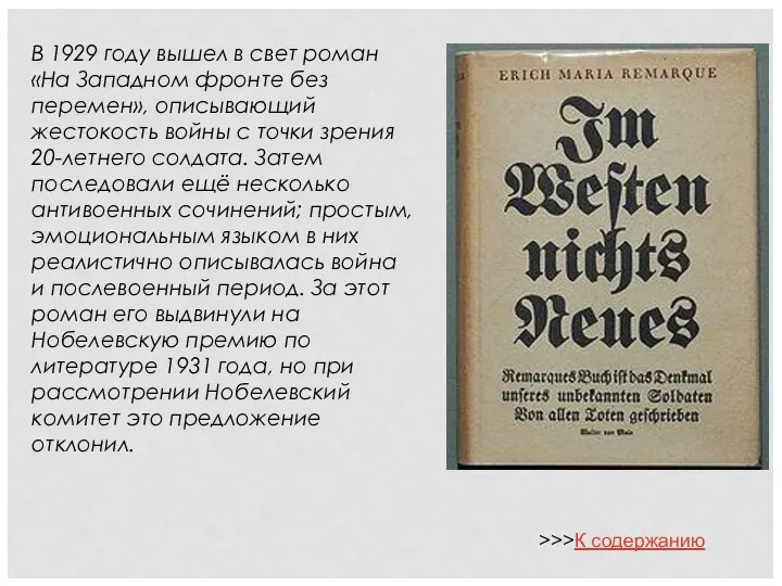 В 1929 году вышел в свет роман «На Западном фронте