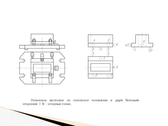 Установка заготовки по плоскости основания и двум боковым сторонам: 1-6 – опорные точки.