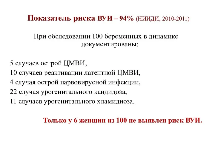 Показатель риска ВУИ – 94% (НИИДИ, 2010-2011) При обследовании 100