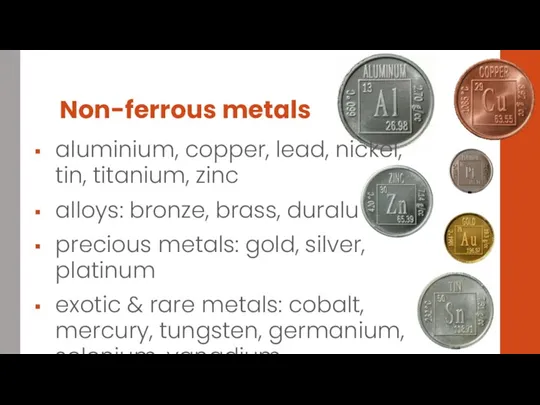 Non-ferrous metals aluminium, copper, lead, nickel, tin, titanium, zinc alloys:
