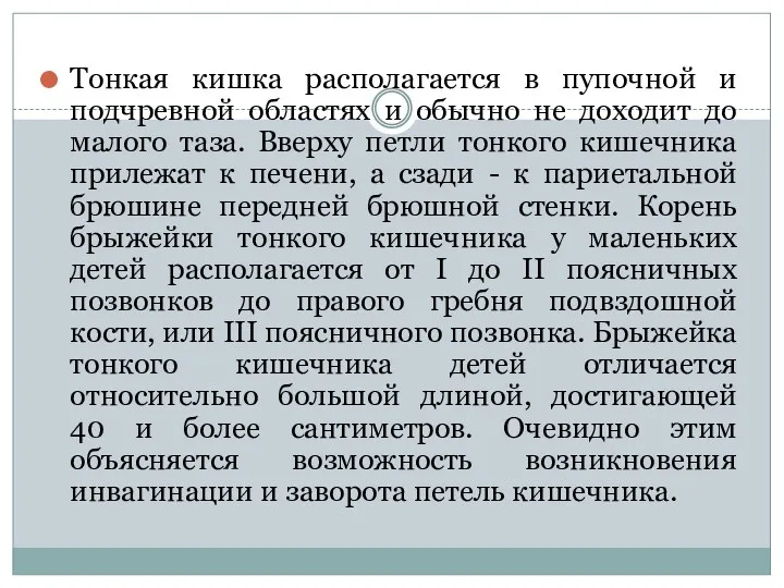 Тонкая кишка располагается в пупочной и подчревной областях и обычно