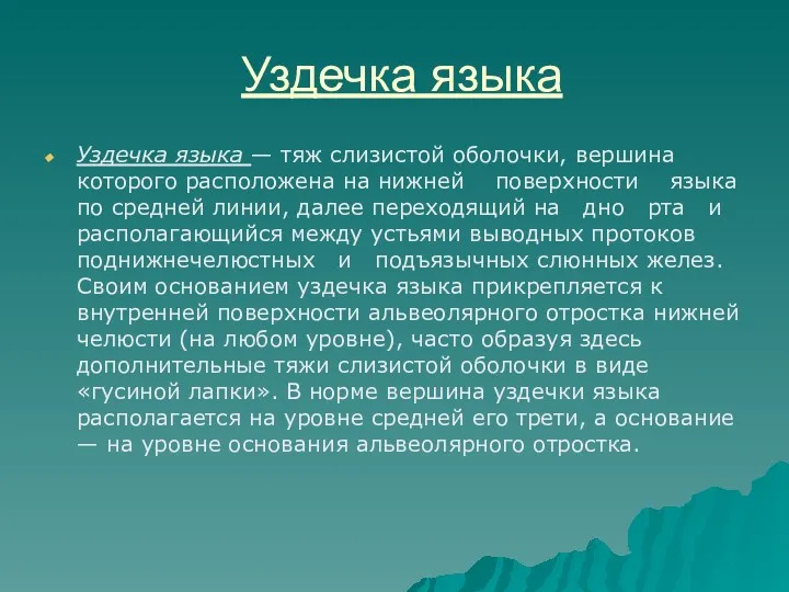 Уздечка языка Уздечка языка — тяж слизистой оболочки, вершина которого