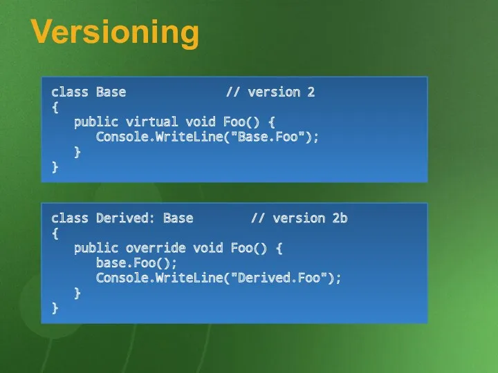 Versioning class Derived: Base // version 1 { public virtual