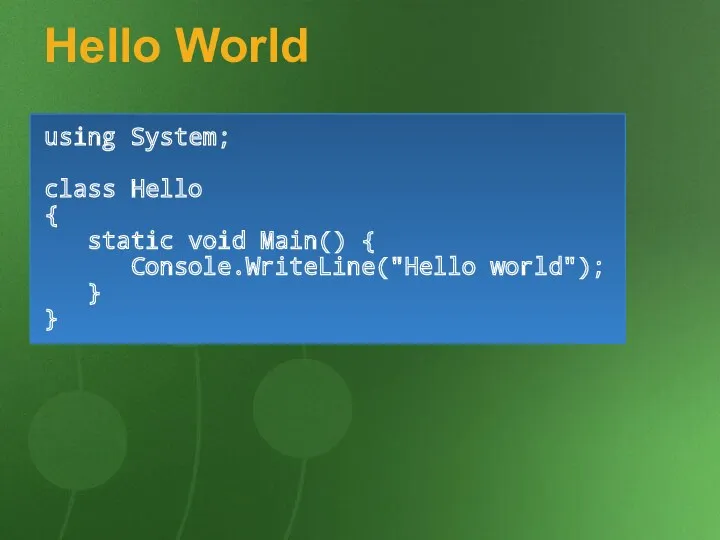 Hello World using System; class Hello { static void Main() { Console.WriteLine("Hello world"); } }