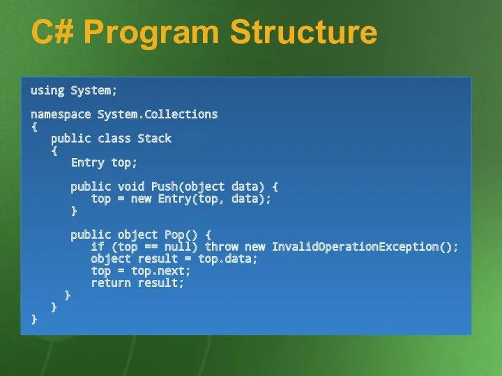 C# Program Structure using System; namespace System.Collections { public class