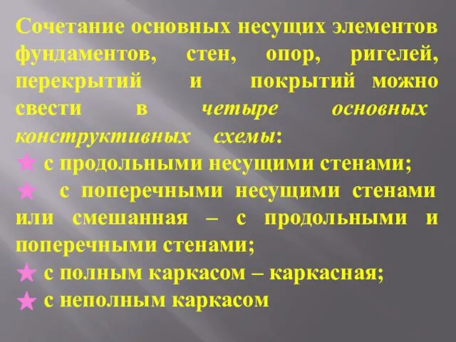 Сочетание основных несущих элементов фундаментов, стен, опор, ригелей, перекрытий и