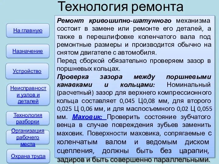 Технология ремонта На главную Неисправности узлов и деталей Устройство Технология