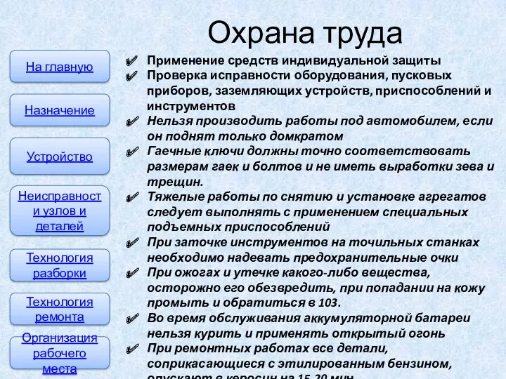 Охрана труда На главную Неисправности узлов и деталей Устройство Технология