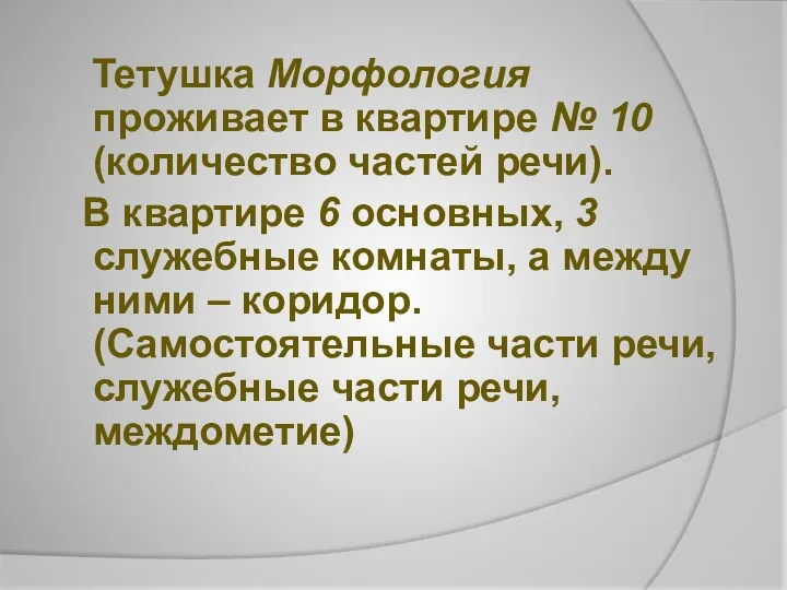 Тетушка Морфология проживает в квартире № 10 (количество частей речи).