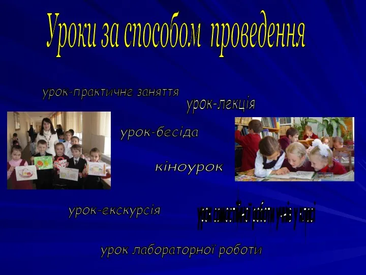 Уроки за способом проведення урок-лекція кіноурок урок-бесіда урок-практичне заняття урок-екскурсія