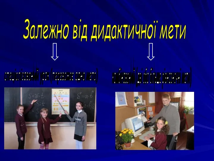 Залежно від дидактичної мети спеціалізований урок (переважає одна мета) комбінований (дві або більше рівнозначні мети)