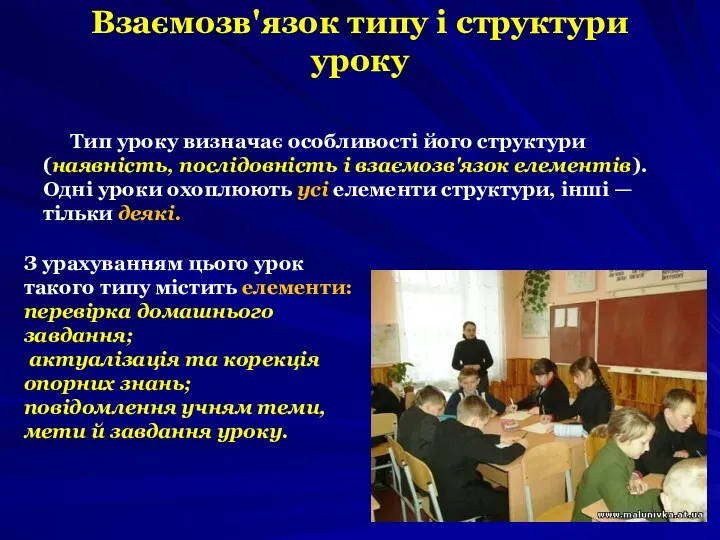 Взаємозв'язок типу і структури уроку Тип уроку визначає особливості його