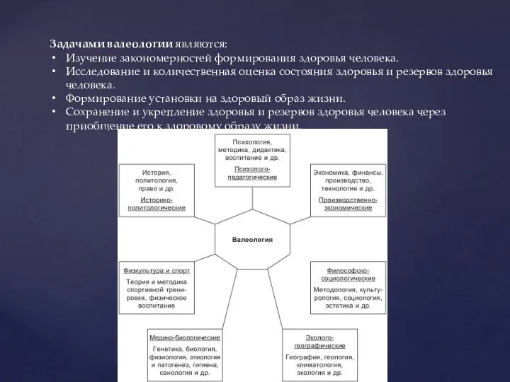 Задачами валеологии являются: Изучение закономерностей формирования здоровья человека. Исследование и количественная оценка состояния