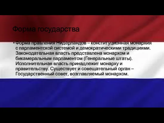 Форма государства Форма правления Нидерландов – конституционная монархия с парламентской