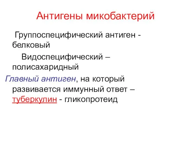 Антигены микобактерий Группоспецифический антиген - белковый Видоспецифический – полисахаридный Главный