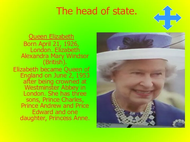The head of state. Queen Elizabeth Born April 21, 1926,