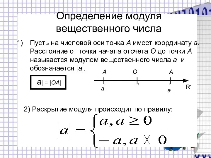 Определение модуля вещественного числа Пусть на числовой оси точка А