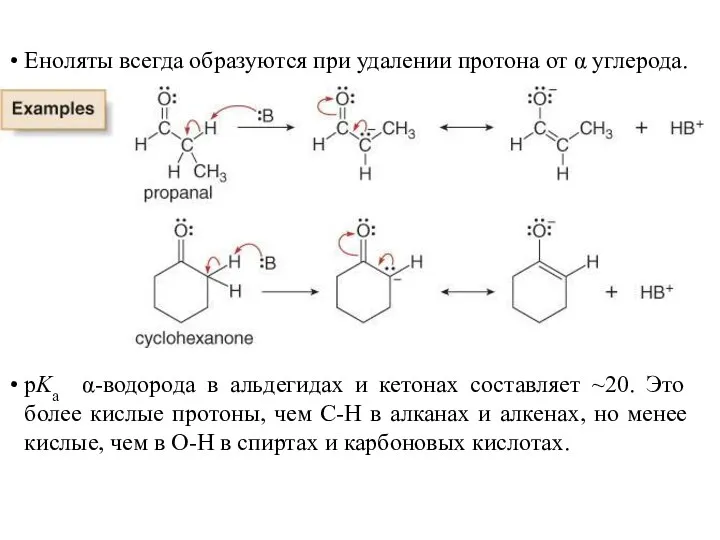 Еноляты всегда образуются при удалении протона от α углерода. pKa