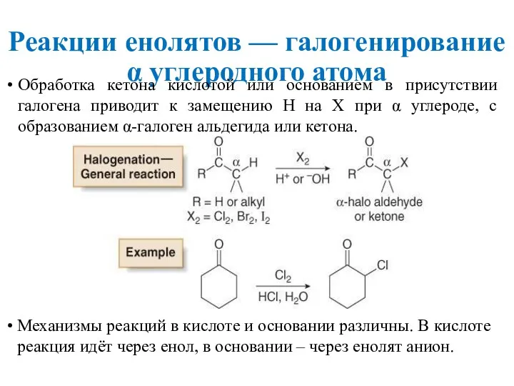 Реакции енолятов — галогенирование α углеродного атома Обработка кетона кислотой