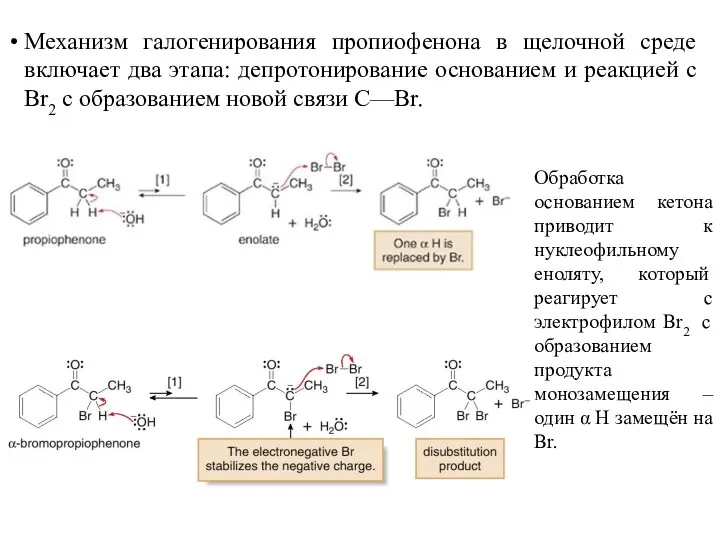 Механизм галогенирования пропиофенона в щелочной среде включает два этапа: депротонирование