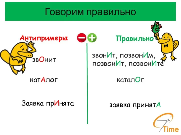 Говорим правильно Антипримеры Правильно звОнит звонИт, позвонИм, позвонИт, позвонИте катАлог каталОг Заявка прИнята заявка принятА