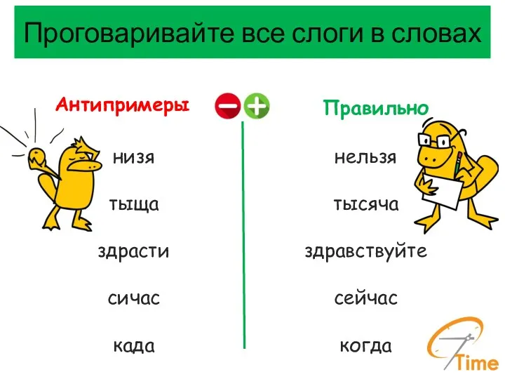 Проговаривайте все слоги в словах Антипримеры Правильно низя тыща здрасти