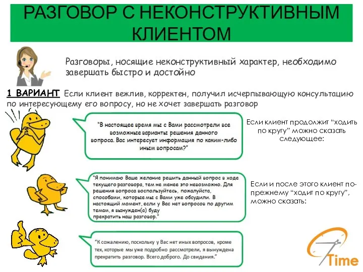 РАЗГОВОР С НЕКОНСТРУКТИВНЫМ КЛИЕНТОМ Разговоры, носящие неконструктивный характер, необходимо завершать