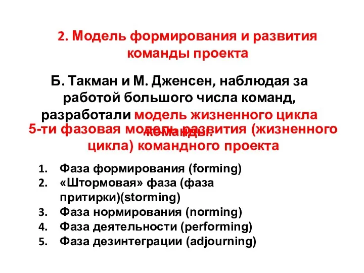 5-ти фазовая модель развития (жизненного цикла) командного проекта Фаза формирования