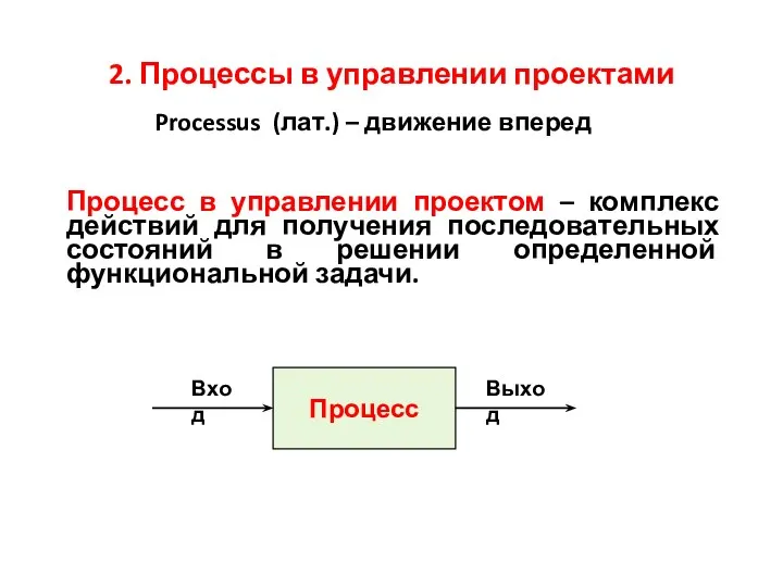 2. Процессы в управлении проектами Процесс в управлении проектом –