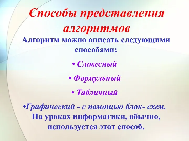 Алгоритм можно описать следующими способами: Словесный Формульный Табличный Графический -