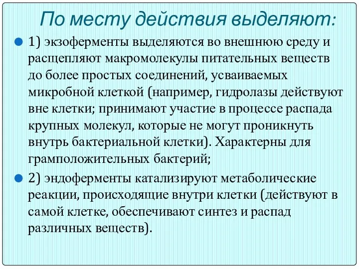 По месту действия выделяют: 1) экзоферменты выделяются во внешнюю среду