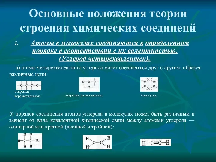 Основные положения теории строения химических соединенй 1. Атомы в молекулах