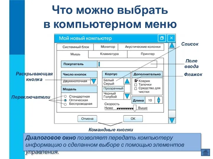 Что можно выбрать в компьютерном меню Диалоговое окно позволяет передать