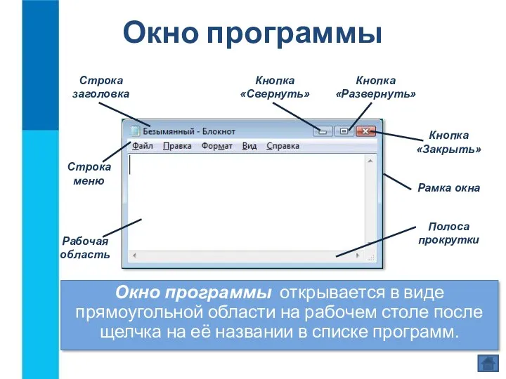 Окно программы Окно программы открывается в виде прямоугольной области на