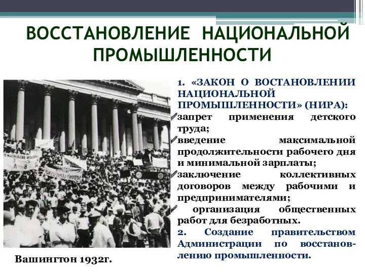 ВОССТАНОВЛЕНИЕ НАЦИОНАЛЬНОЙ ПРОМЫШЛЕННОСТИ 1. «ЗАКОН О ВОСТАНОВЛЕНИИ НАЦИОНАЛЬНОЙ ПРОМЫШЛЕННОСТИ» (НИРА):