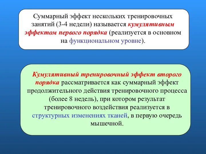 Суммарный эффект нескольких тренировочных занятий (3-4 недели) называется кумулятивным эффектом