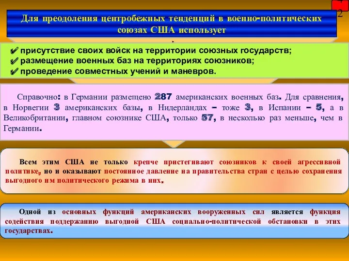 42 присутствие своих войск на территории союзных государств; размещение военных