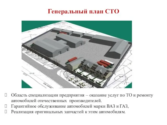 Генеральный план СТО Область специализации предприятия – оказание услуг по