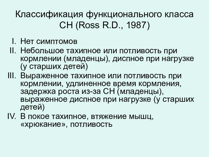 Классификация функционального класса СН (Ross R.D., 1987) Нет симптомов Небольшое