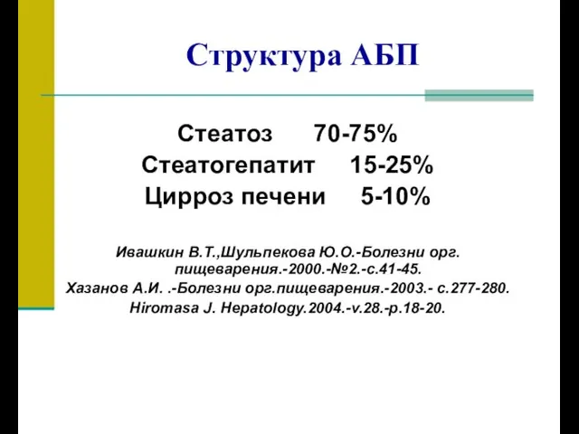 Структура АБП Стеатоз 70-75% Стеатогепатит 15-25% Цирроз печени 5-10% Ивашкин В.Т.,Шульпекова Ю.О.-Болезни орг.пищеварения.-2000.-№2.-с.41-45.