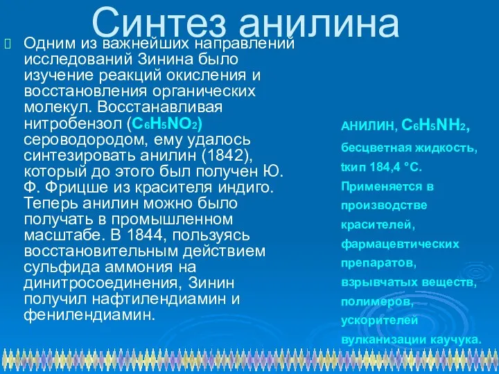 Синтез анилина Одним из важнейших направлений исследований Зинина было изучение