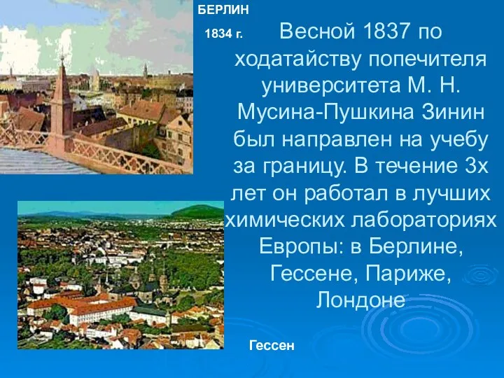 Весной 1837 по ходатайству попечителя университета М. Н. Мусина-Пушкина Зинин