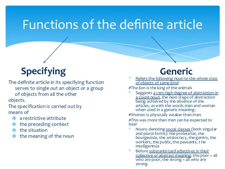 Functions of the definite article The definite article in its