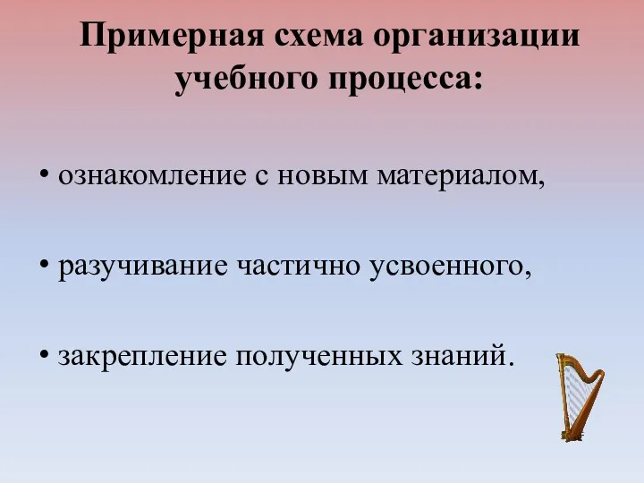 Примерная схема организации учебного процесса: ознакомление с новым материалом, разучивание частично усвоенного, закрепление полученных знаний.