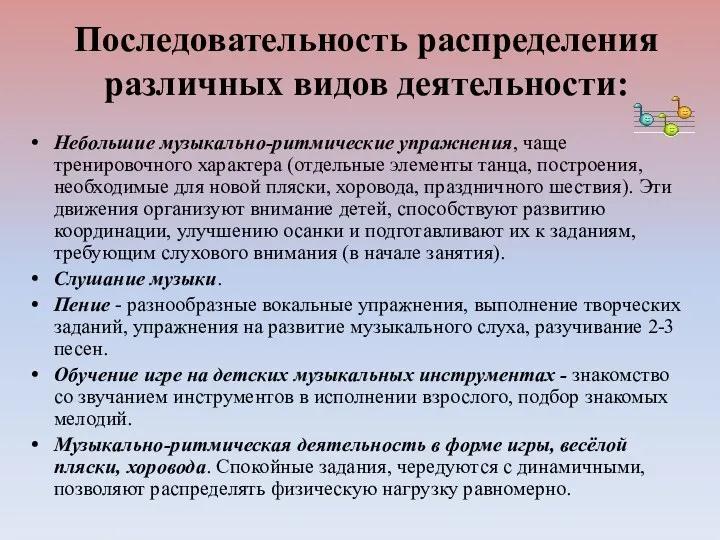 Последовательность распределения различных видов деятельности: Небольшие музыкально-ритмические упражнения, чаще тренировочного